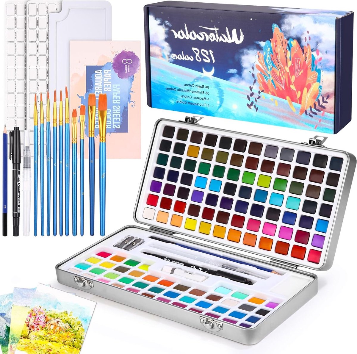 Complete Waterverf Set met 128 Kleuren in Draagbare Doos, Inclusief Waterverfpapier, Penselen en Tekenaccessoires voor Kunstenaars en Hobbyisten