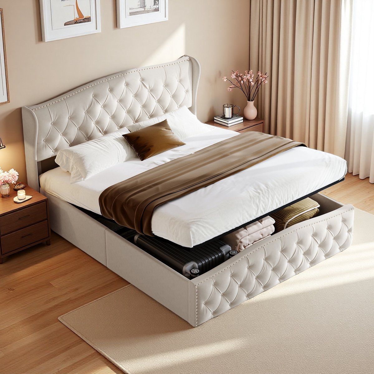 ROSAHQNDA Gestoffeerd bed 140x200 cm - tweepersoonsbed/volwassen bed/luchtbed - bedframe met opbergruimte - flanel - Beige (verzonden in 2 pakketten)