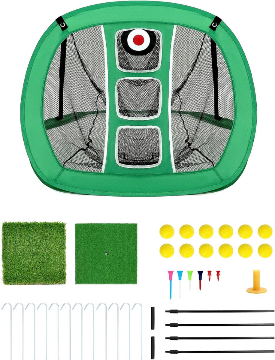 Aura® Golf Oefennet - Golf Chipping Net met 2 Golf Matten - 12 Oefenballen en Golf Tee Accessoires - Groen - 60cm x 50cm x 80cm