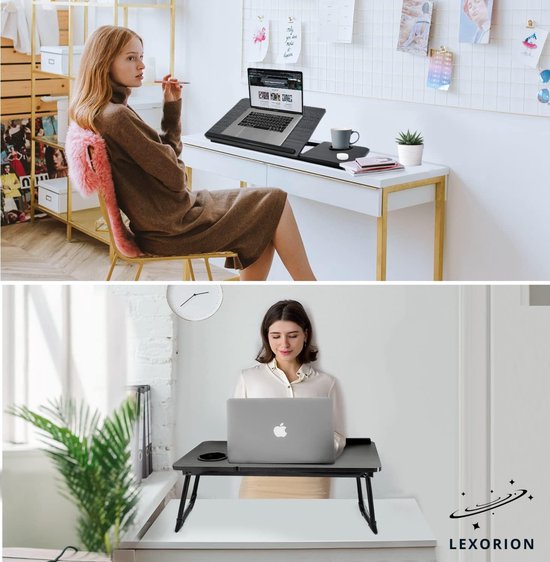 Vrouw met laptop op een bureau met een Lexorion bedtafel. De andere afbeelding toont een vrouw achter een bureau met een laptop op de tafel.