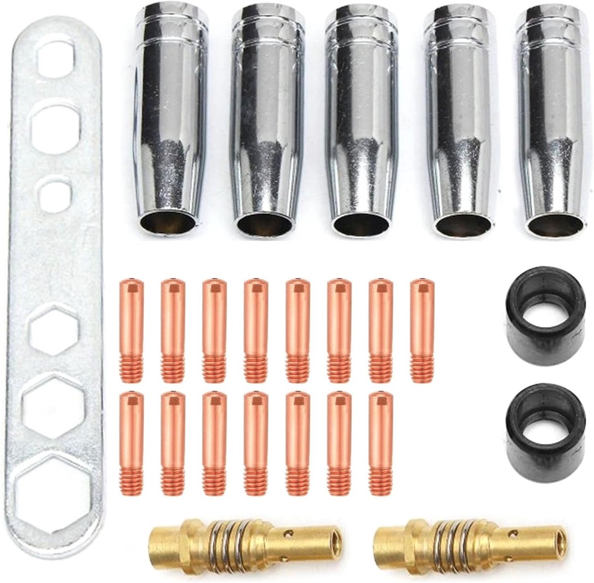Ersatzonderdelen voor Lasmachines, Beschermgas en Accessoires voor Laswerk, inclusief 5 Gasdoppen, 15 M6 0.8 mm Lasdoppen, 2 Nozzles, 2 Isolatoren en 1 Sleutel