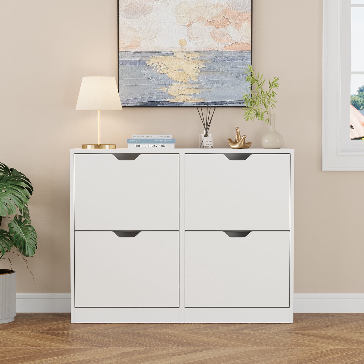 VOWNER Schoenenkast met 4 Klapdeuren - Smalle Schoenenkast - Verstelbare Planken - 80x24x102 cm - Wit - Ruimtebesparend Schoenenrek voor Hal