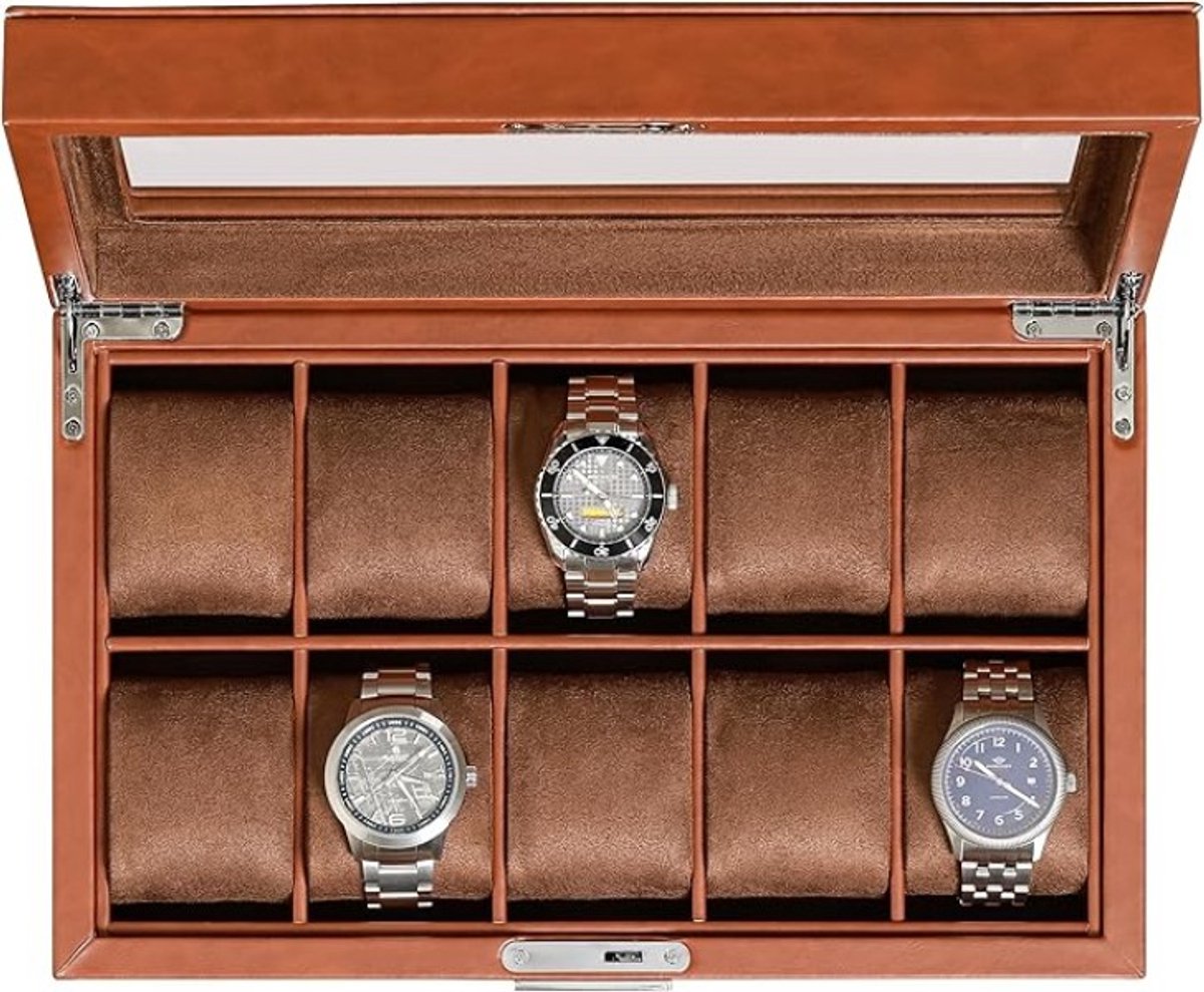 Lederen horlogedoos met 10 sleuven - Luxe display organizer met glazen deksel