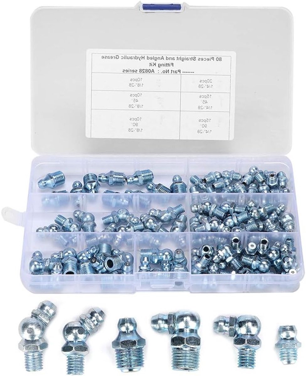 Assortiment van 80 Stuks Smeernippels, 45° 90° 180° Hoek, 1/8in en 1/4in, Geschikt voor Hydraulische Slangen en Buizen