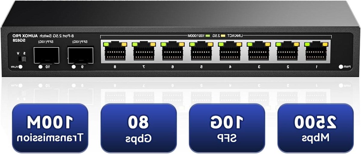 Ethernet Switch - Netwerk Switch - Snelle Netwerkverbindingen - 8x 2.5G poorten - 10 poorts - Zwart