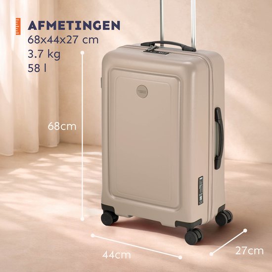 Beige koffer van 68x44x27cm, 3.7kg, 58L. Met dubbele wielen en handvat.