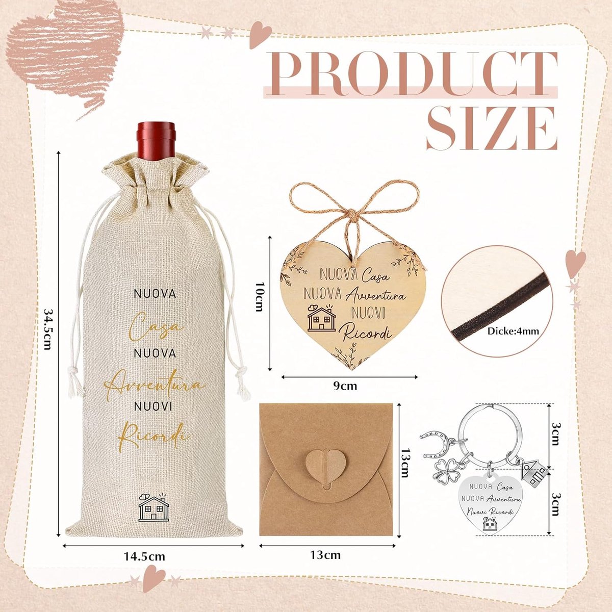 Wijn Fles Houder - Sleutelhanger Cadeau - Nieuw Huis Welkom - Houten Hart Label - 34.5 x 14.5 cm - Multicolor — cadeau in Cadeau-ideeën - foto 2