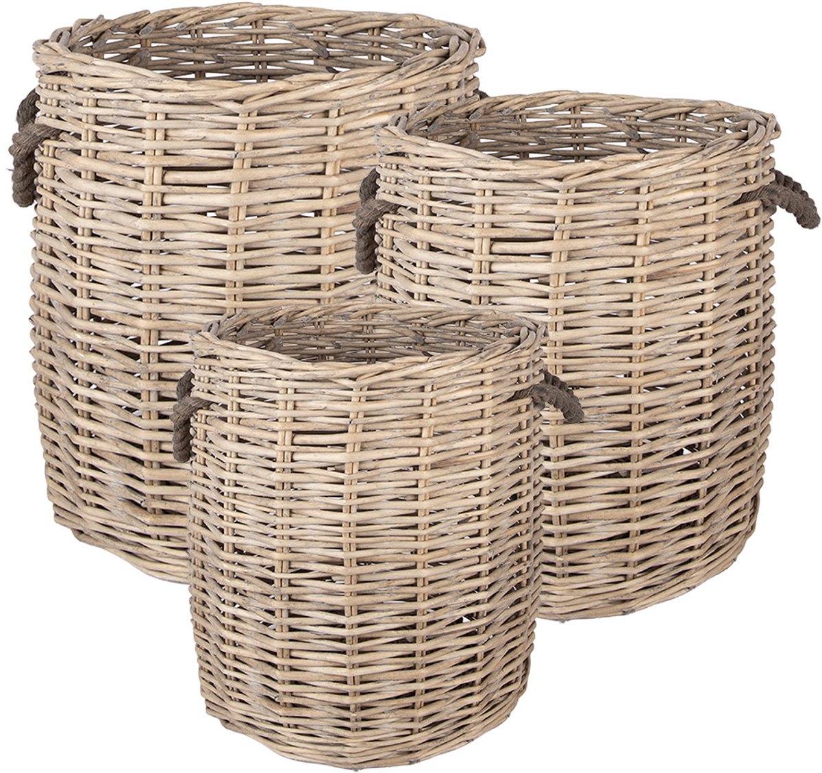 Clayre & Eef Opbergmand Set van 3 Ø 60x54 / Ø 50x50 / Ø 40x44 cm Beige Rotan