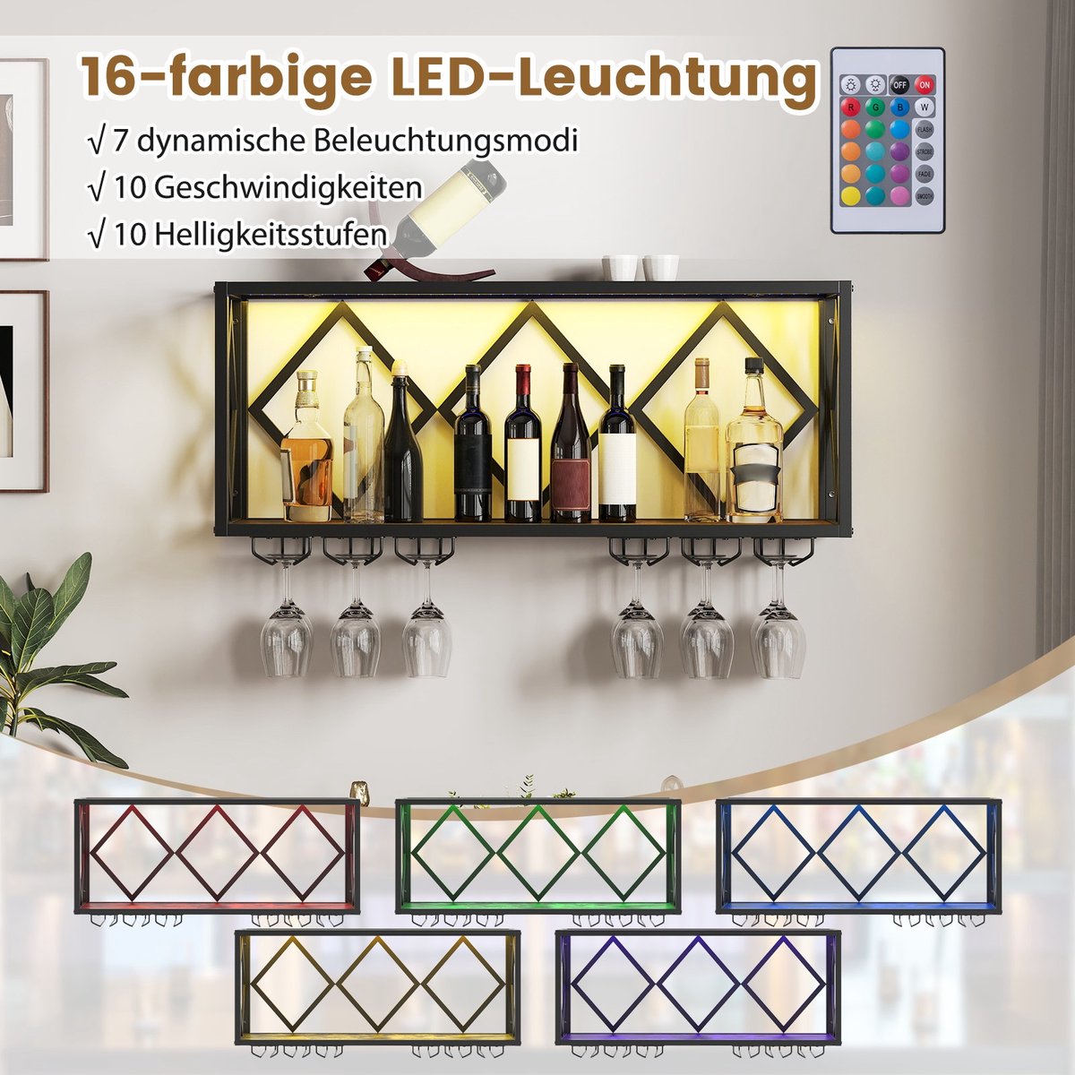 COSTWAY Wijnrek voor aan de muur met ledverlichting, 2 niveaus flessenrek hout met metalen frame, met 6 rijen wijnglashouder, industrieel design, ideaal voor thuis, bar, keuken en restaurant — cadeau in Wonen & Interieur - foto 4