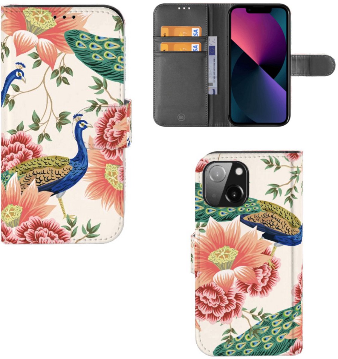 Telefoonhoesje met Pasjes voor iPhone 13 Mini Pink Peacock