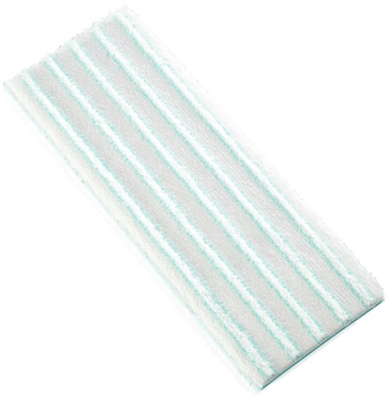 Lingette de vadrouille en microfibre blanche avec des rayures turquoise, sur fond blanc.