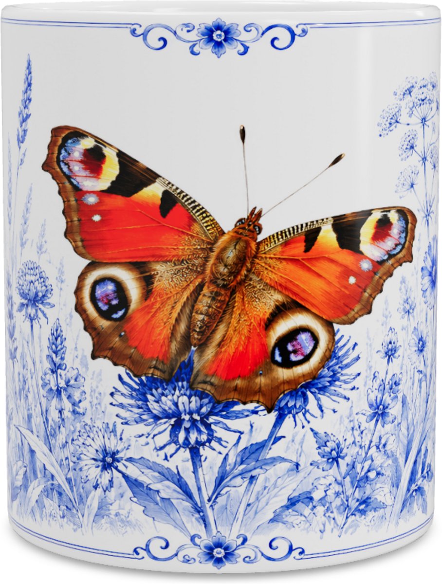 Mok - Dagpauwoog (Aglais io) - Delfts blauw - Aquarel Illustratie