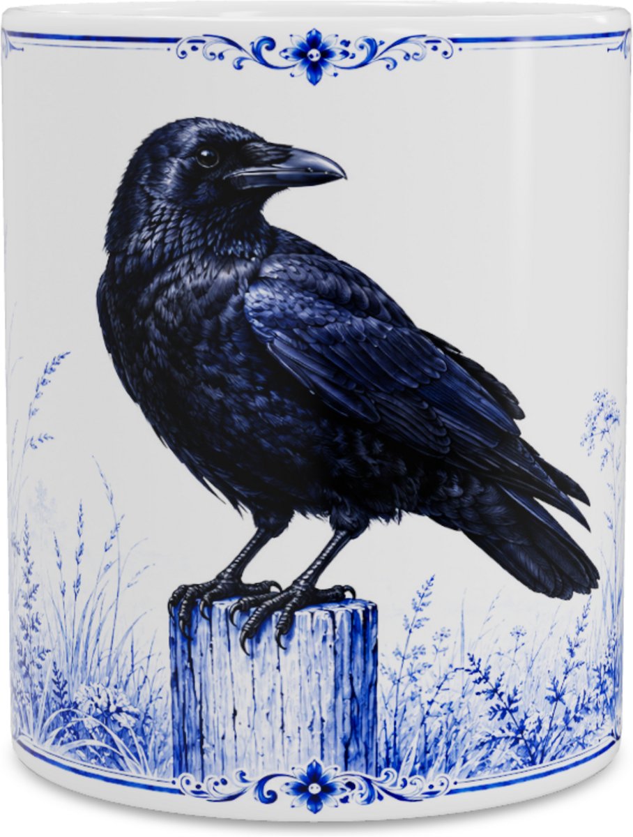 Mok - Zwarte kraai (Corvus corone) - Delfts blauw - Aquarel Illustratie