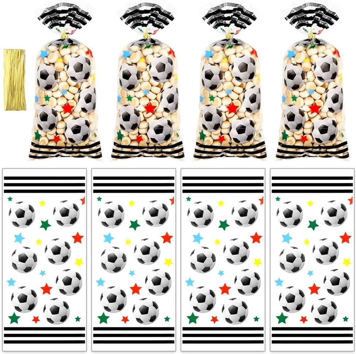 Voetbal cellofaan goodiebags, 100 stuks met voetbalster patroon voor traktaties, sportthema snoepzakjes met gouden twist ties voor verjaardagsfeestjes en sportfavorieten
