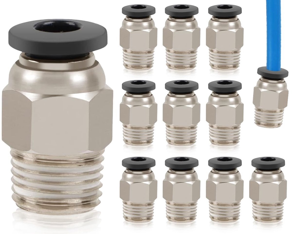 Jhubersproducts - PC4-M10 stekker - pneumatische connectoren - snelle aansluiting - zilver - 10 stuks - ideaal voor 3D-printers - duurzame kwaliteit