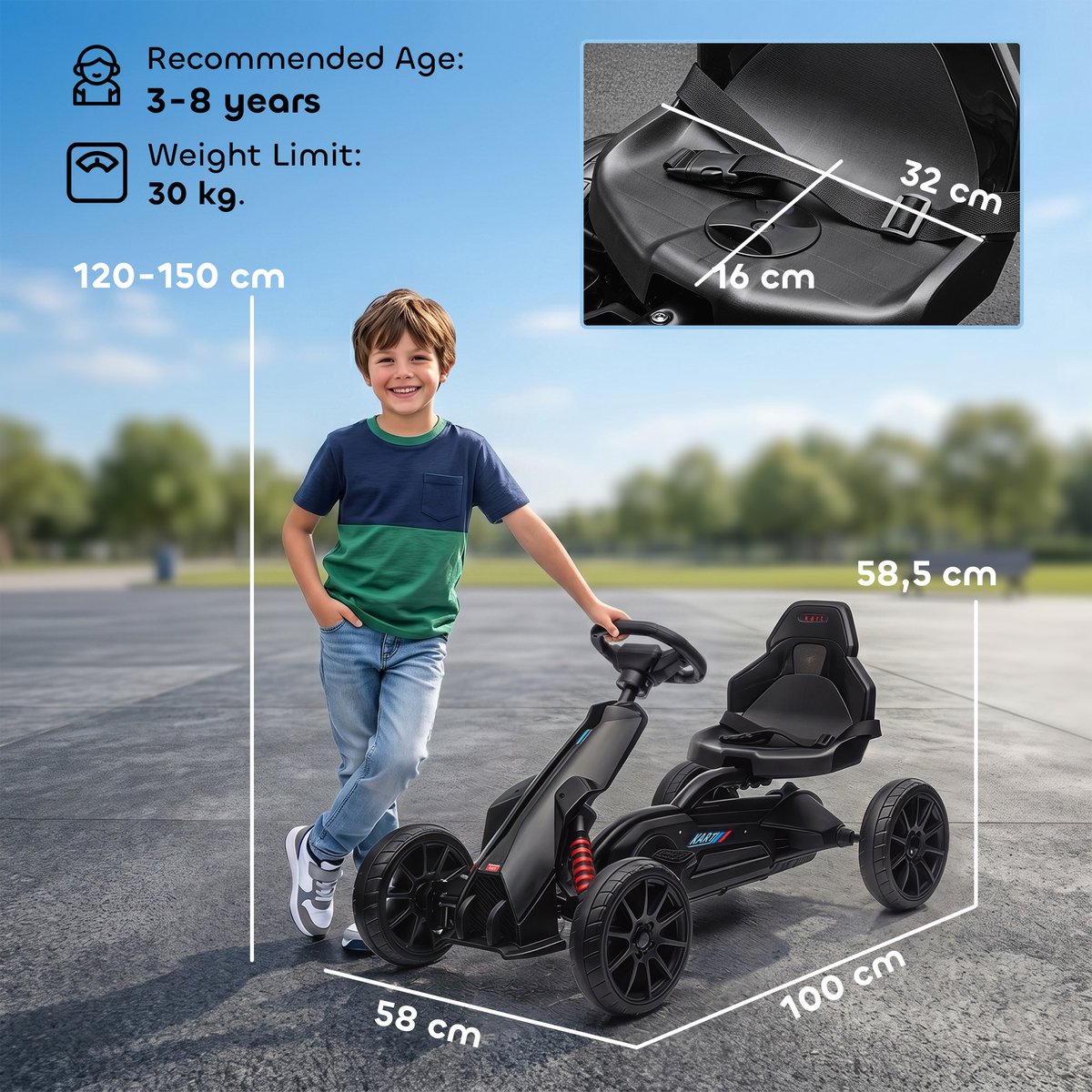 HOMCOM Trapauto Go-Kart Kunststof, Metaal 100L x 58B x 58,5H cm Zwart — afbeelding 6