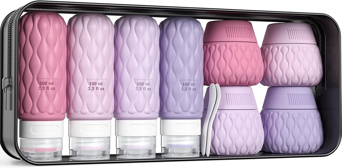 Reisflesjes Set - Navulbare Flesjes - Voor Shampoo en Lotion - Siliconen - Set van 8 - 100ml/ 50ml - roze-paars - van Imperatoris