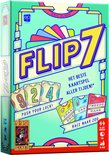 Doosspel FLIP 7: turquoise met gele letters en kaarten, tekst "HET BESTE KAARTSPEL ALLER TIJDEN!"