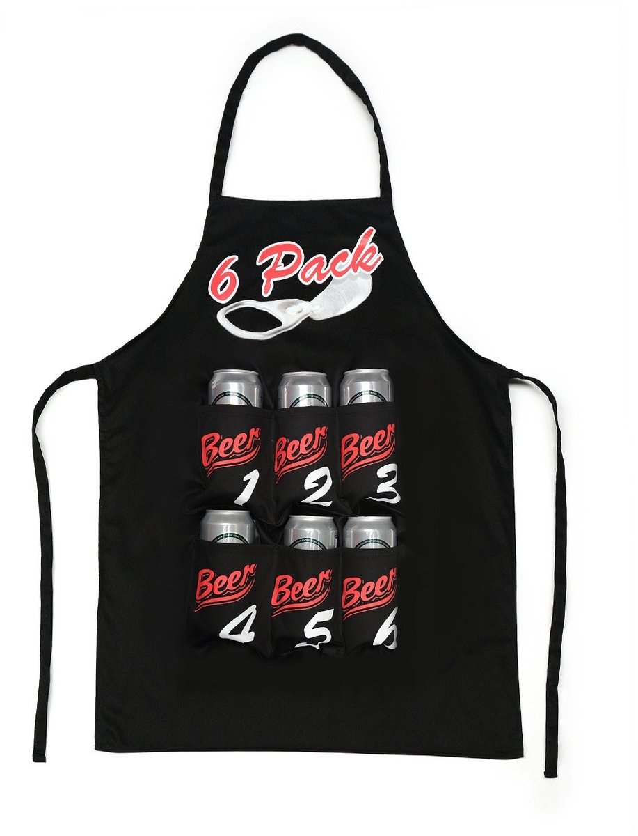 Zeynomax - Schort met Bier Houder - Grappige Kookaccessoires - Zwart - 6 Zakken voor Drankjes - Perfect voor Barbecue - Uniek Geschenk
