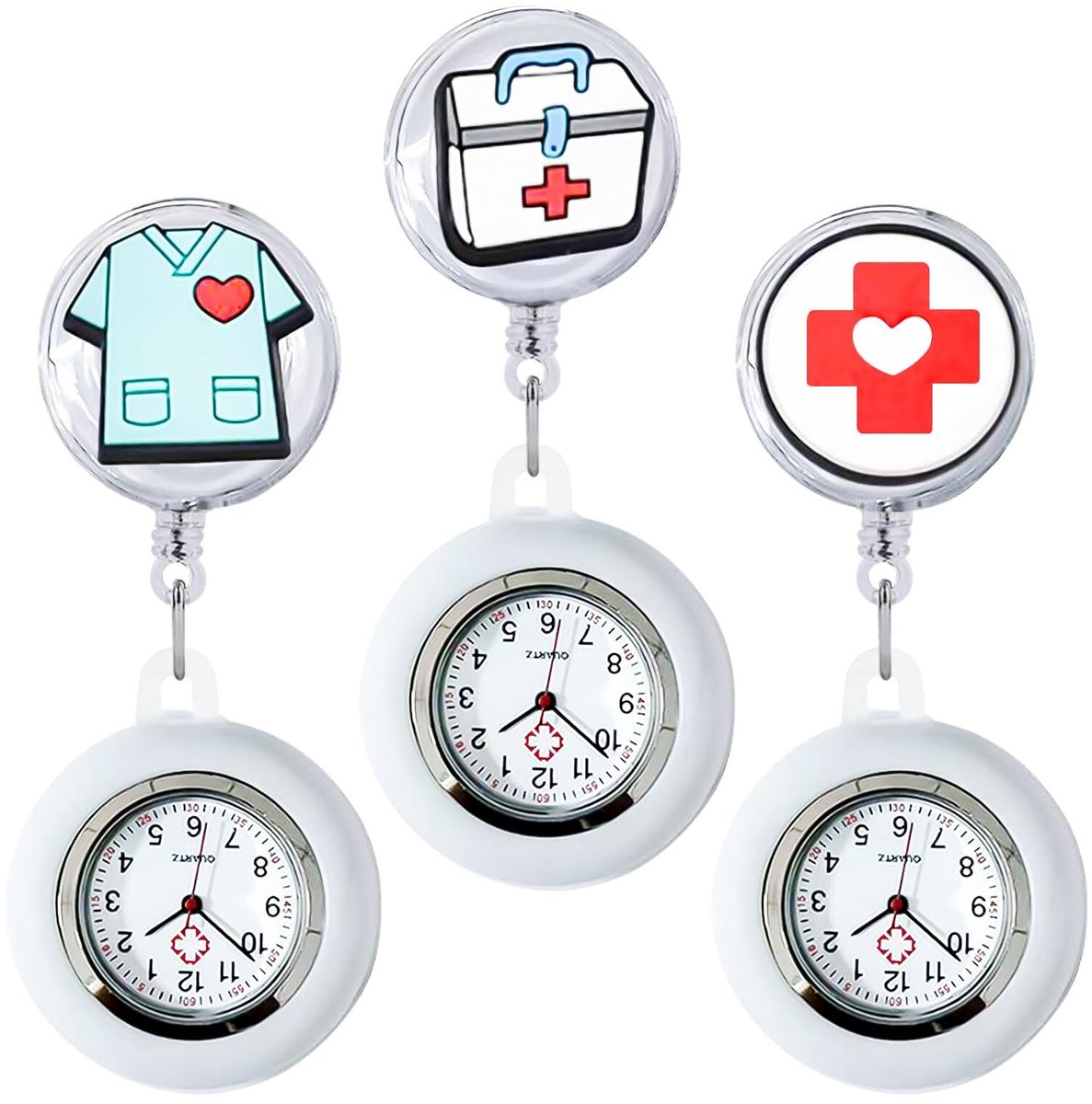 By shayne - Verpleegsterhorloge - Set van 3 - Waterdicht en praktisch - Siliconen band - Verzorgingshorloge met LED-lamp - Geschikt voor verpleegkund.