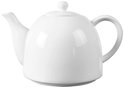 Witte porseleinen theepot met deksel en oor, geïsoleerd op witte achtergrond.