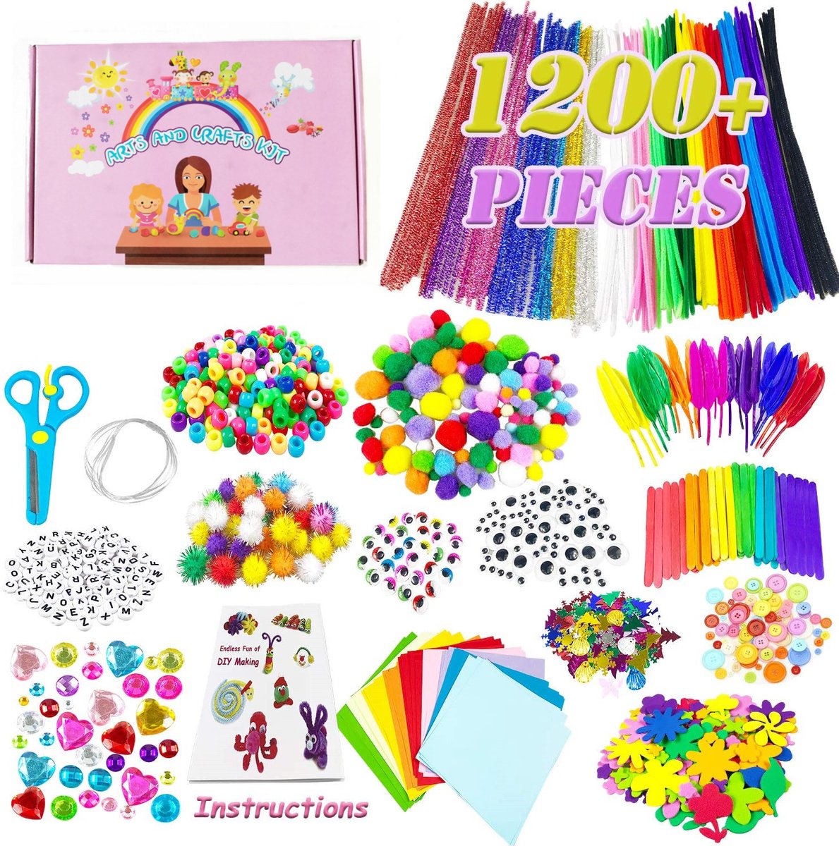 OLOEY Knutselset met pijpenragers-een knutselset van 1200 onderdelen-waaronder pijpenragers-wiebeloogjes-pompons-veren-houten stokjes-pailletten-sponsbloemen-gekleurd papier en vilten stickers