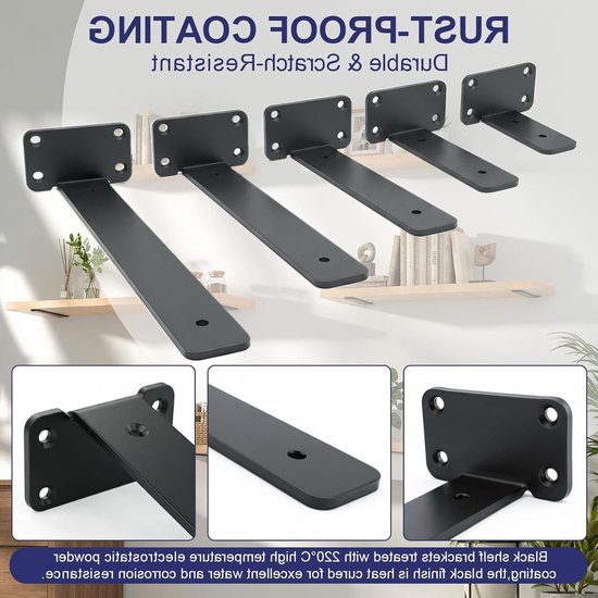 Set van 4 rechte hoek wandplanken steunen, 10 cm, 70 kg draagvermogen, zwart, ideaal voor decoratie en opslag — afbeelding 4