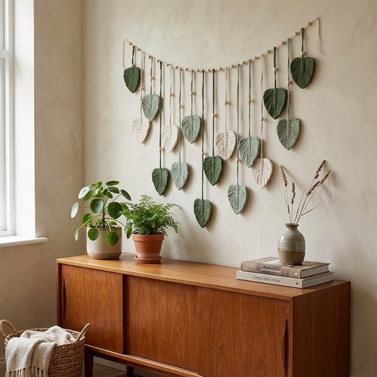 Groen wit bladeren wandkleden unisex boho slinger decoratie met hangende bladeren kralen en koorden 120x75 cm wanddecoratie textiel natuurlijke kleuren