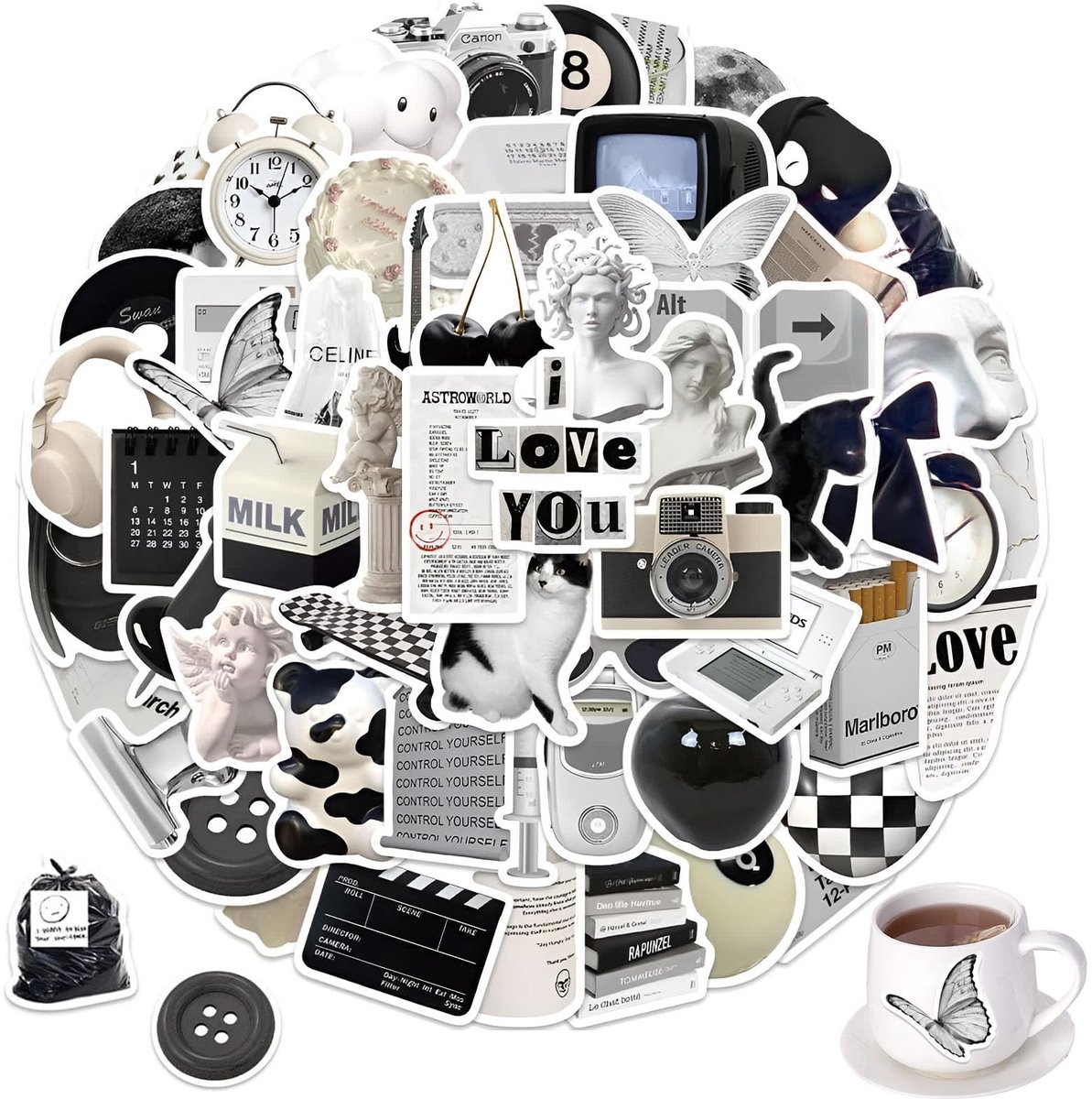 Pack van 60 Zwart-Witte Waterdichte Stickers voor Creatieve DIY Projecten