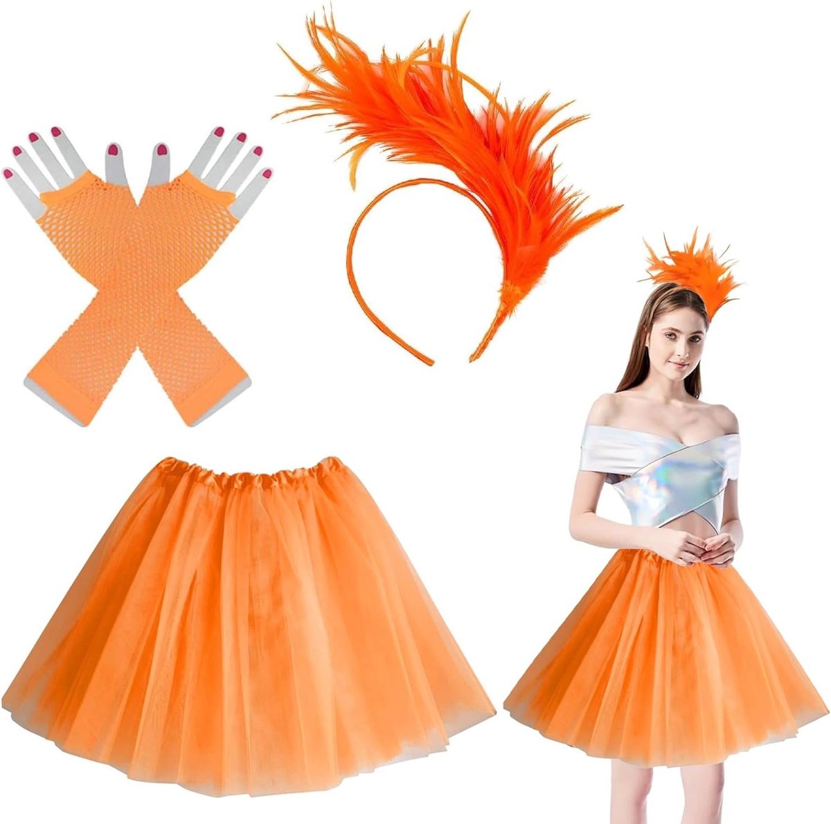 Tulle Rok voor Carnaval met Feestaccessoires, 3-delige Set met Veren Haarband en Handschoenen voor Vrouwelijke Feestgangers