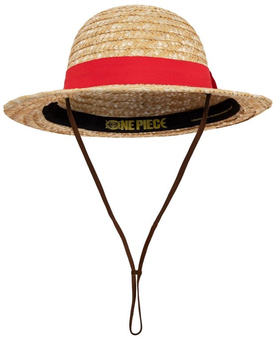 Chapeau de paille avec bande rouge et logo 'ONE PIECE'. Possède une jugulaire.