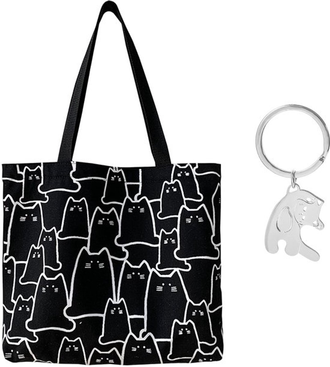 1 linnen kattenzak, 1 kattenhanger, linnen boodschappentas, tas met rits, modieuze schoudertas, grote boodschappentas, zwart, zwart