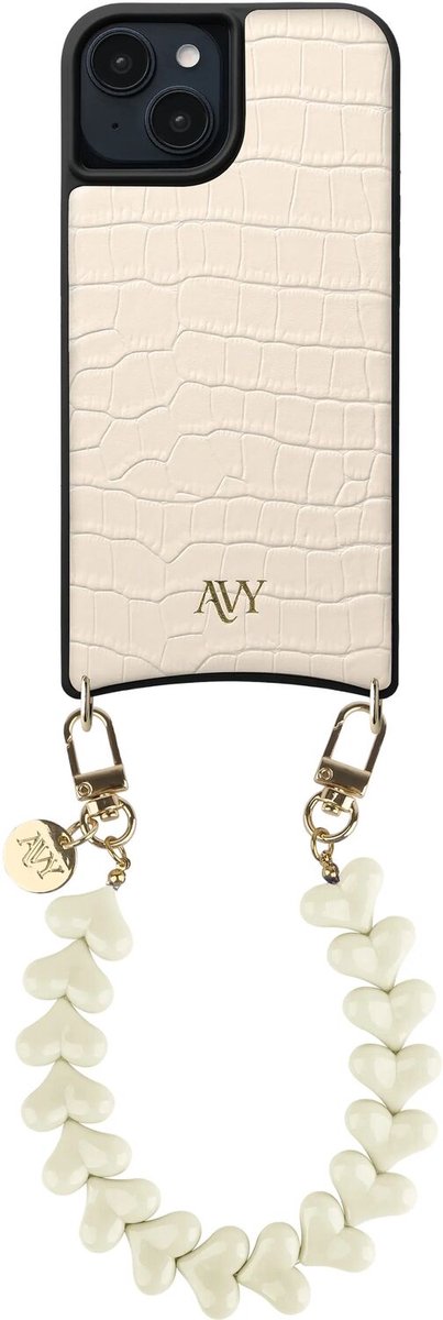 AVY Leren Hoesje Geschikt voor Apple iPhone 15 | Compatibel met MagSafe | Leather Case met Telefoonkoord | Polsband | Croco Beige | Cupid Beige