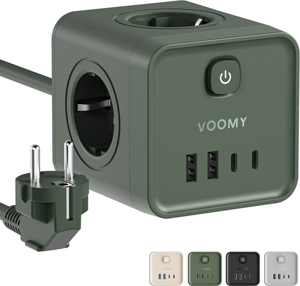 Voomy Stekkerdoos - 20W Snellader - USB-C & USB-A - 4 Stopcontacten - Aan/uit Schakelaar - 2M Verlengsnoer - Overspanningsbeveiliging - Groen