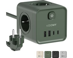 Voomy Stekkerdoos - 20W Snellader - USB-C & USB-A - 4 Stopcontacten - Aan/uit Schakelaar - 2M Verlengsnoer - Overspanningsbeveiliging - Groen