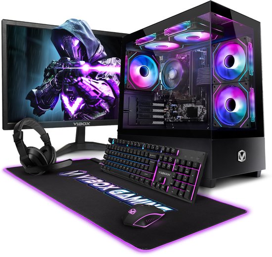 Een complete gaming set: pc, monitor met gaming-afbeelding, toetsenbord, muis en headset, alle met RGB-verlichting.