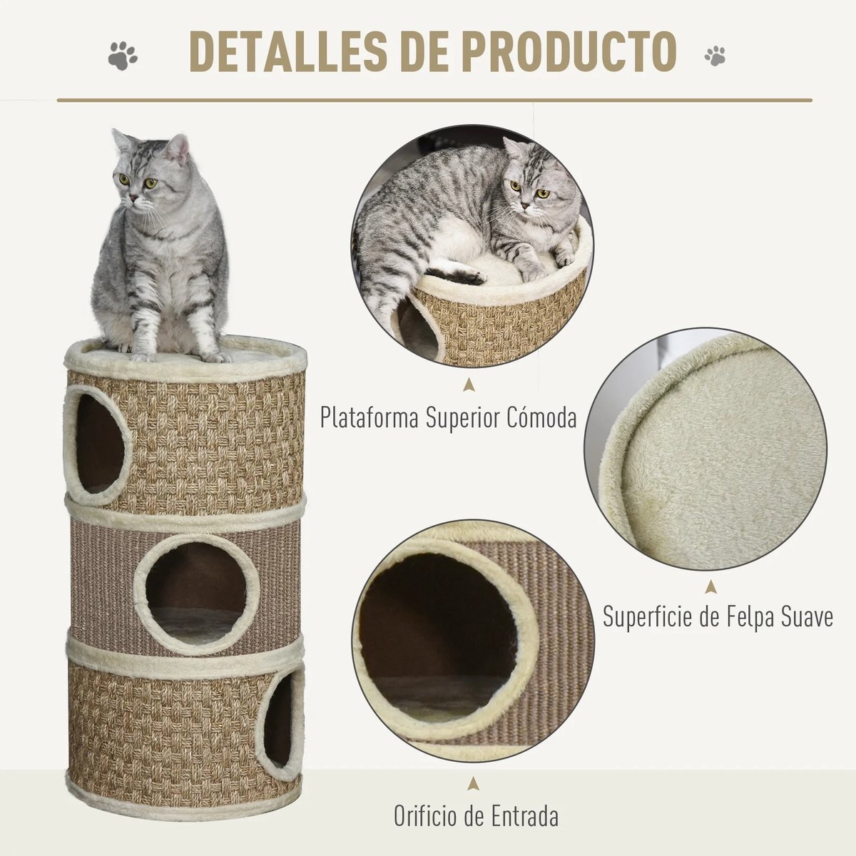 Roossentials krabpaal - Kattenboom - Kattenhuis - Klimmeubel kat - Krabpaal voor katten - 3 niveaus - Met plateaubed - 37,5X37,5X70 cm - Lichtbruin/Beige