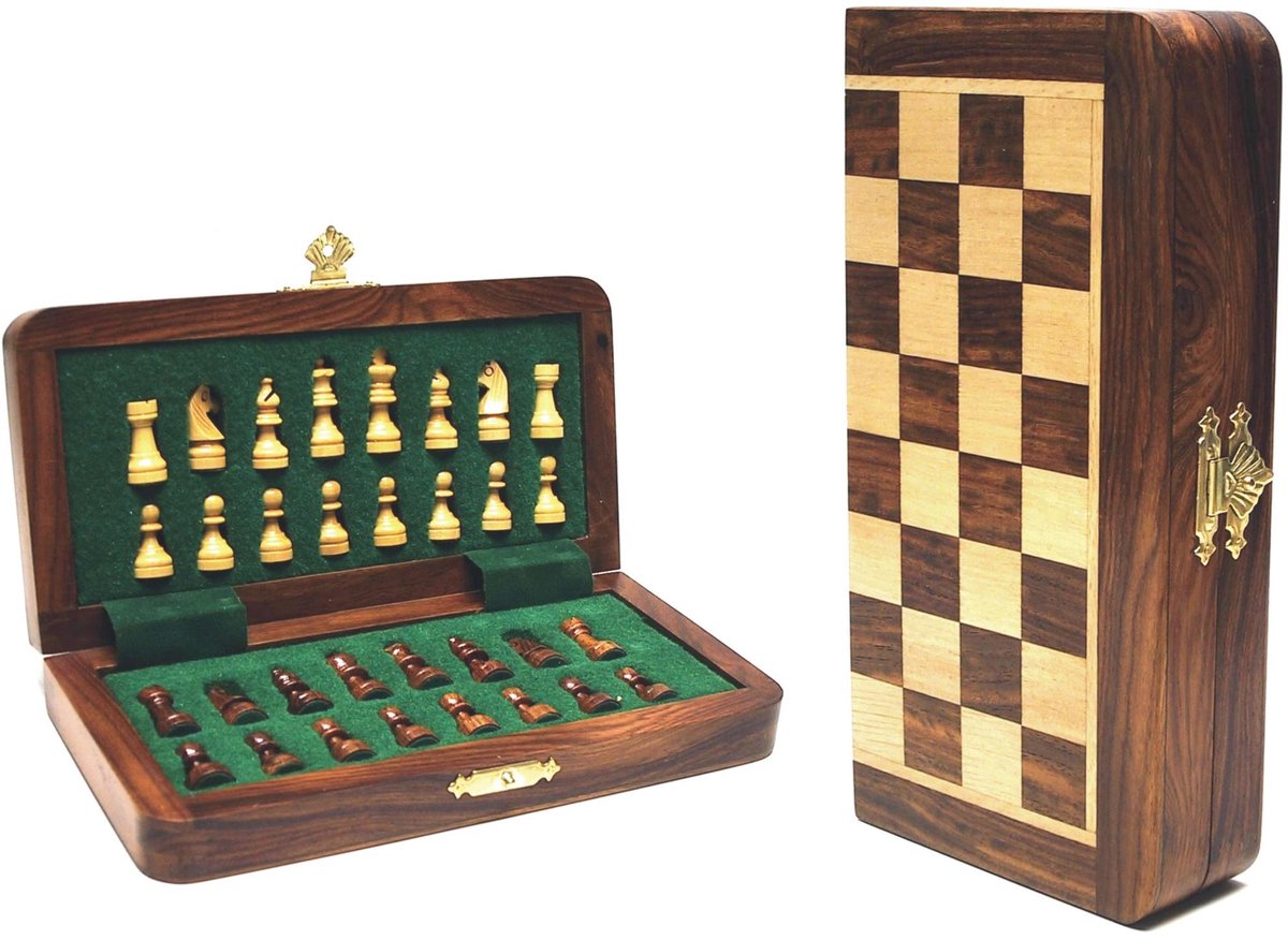 HOT Games schaakspel magnetisch ingelegd reisspel 19x9cm hout.