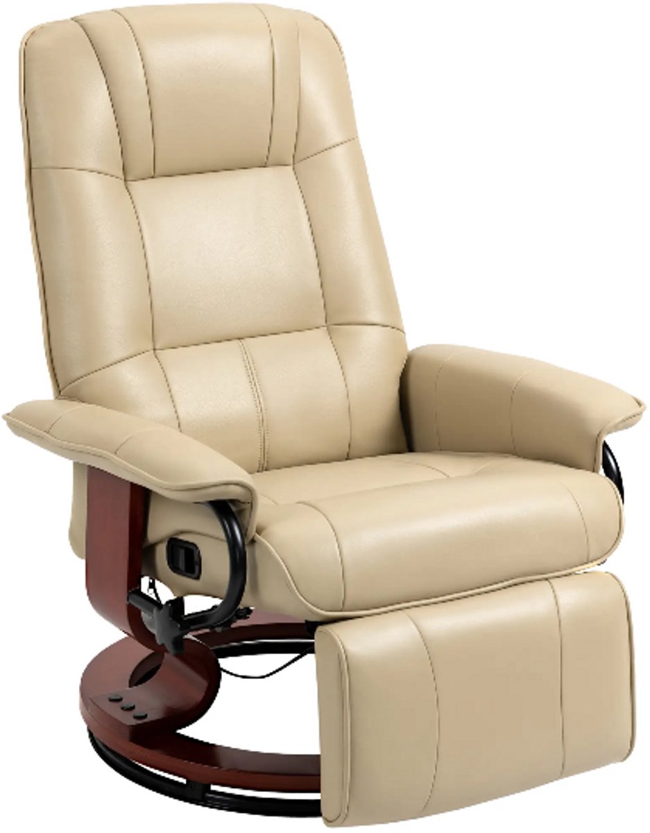 Merax Relaxfauteuil Draaibaar met Voetensteun - TV Stoel met Ligfunctie 145° - Fauteuil Kunstleer - 360° Draaistoel met Houten Onderstel - Creme