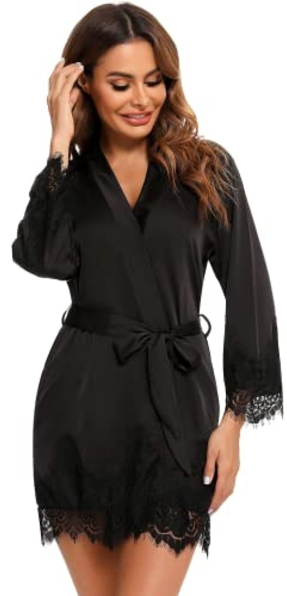 Dames kimono badjas - Satijnen ochtendjas met kanten accent - Zwart