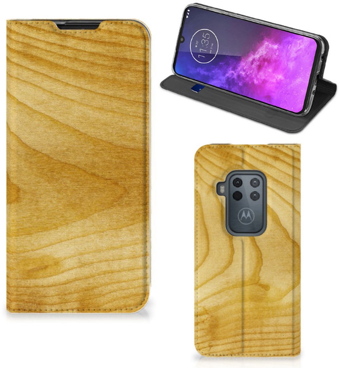 Motorola One Zoom Book Wallet Case Licht Hout