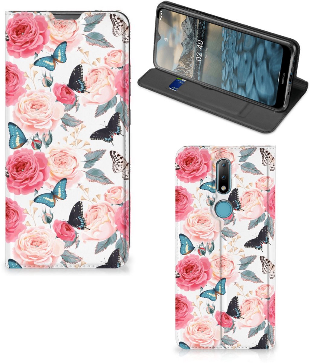 Book Case voor Nokia 2.4 Smart Cover Butterfly Roses