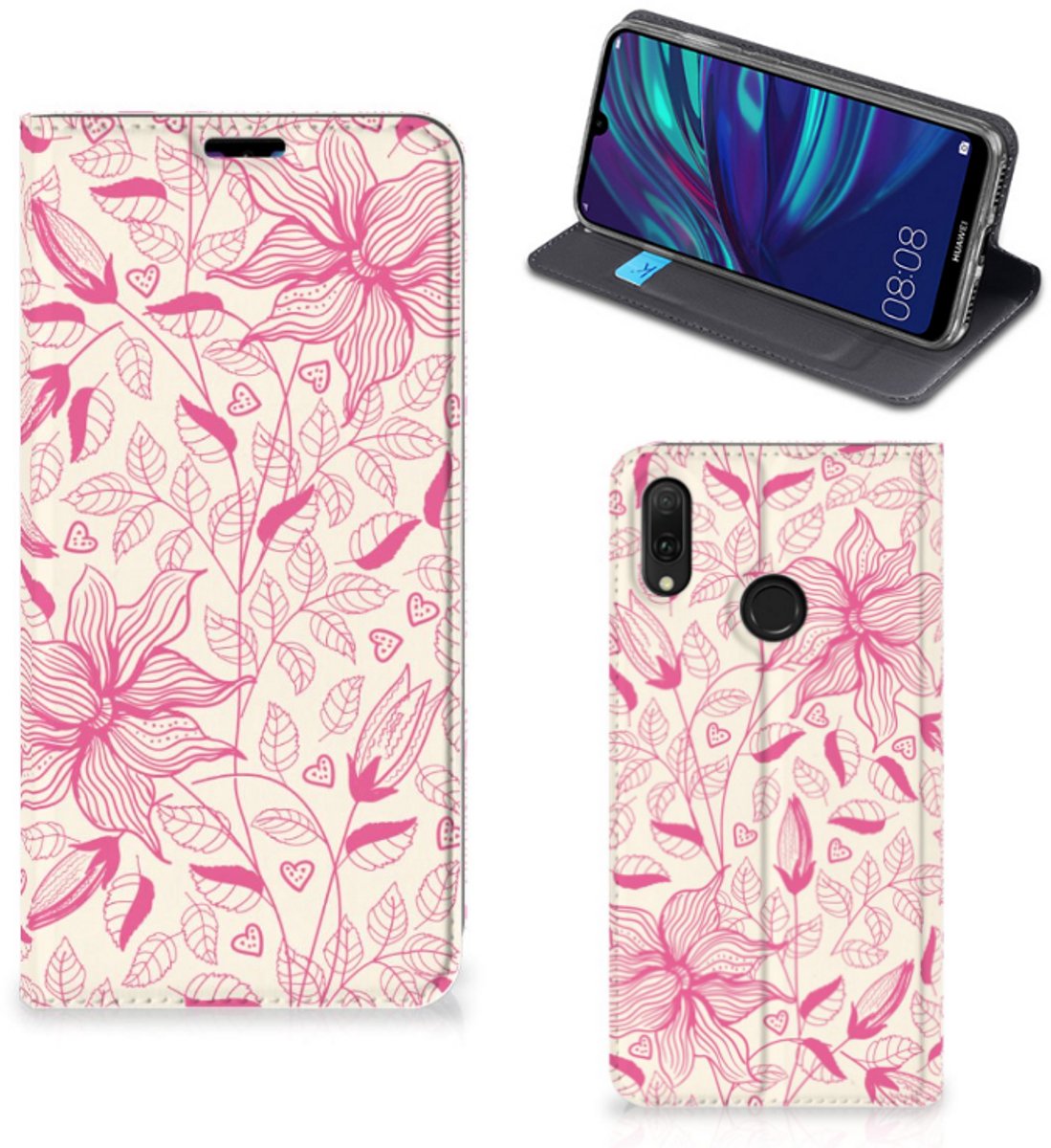 Huawei Y7 hoesje Y7 Pro (2019) Smart Cover Pink Flowers