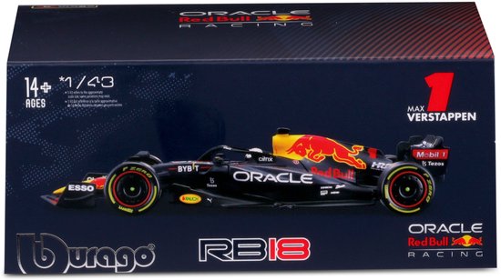 Bburago Red Bull Racing RB18 schaalmodel 1:43, met Max Verstappen livery.