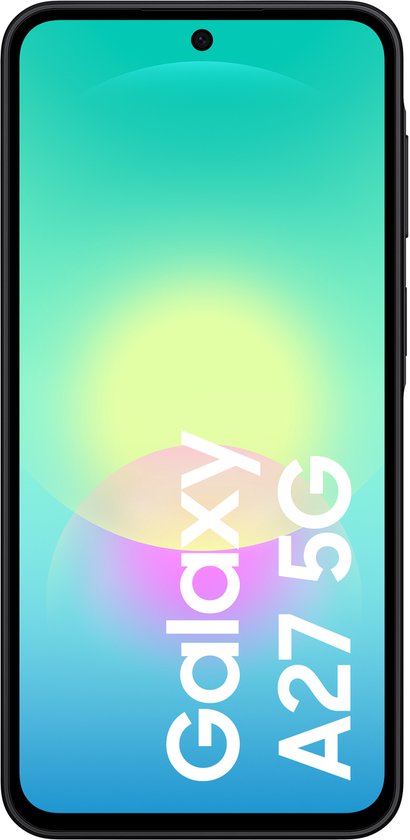 Vooraanzicht van de zwarte Samsung Galaxy A27 5G smartphone.