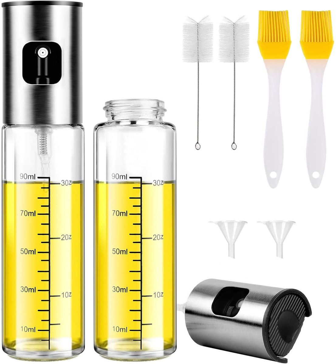 Olie Sprayer RVS 304 - Oliespray Fles Keuken & BBQ - Hervulbare Oliedispenser met Drukpomp - 8-delige Set met Kwasten, Trechter en Reinigingsborstel