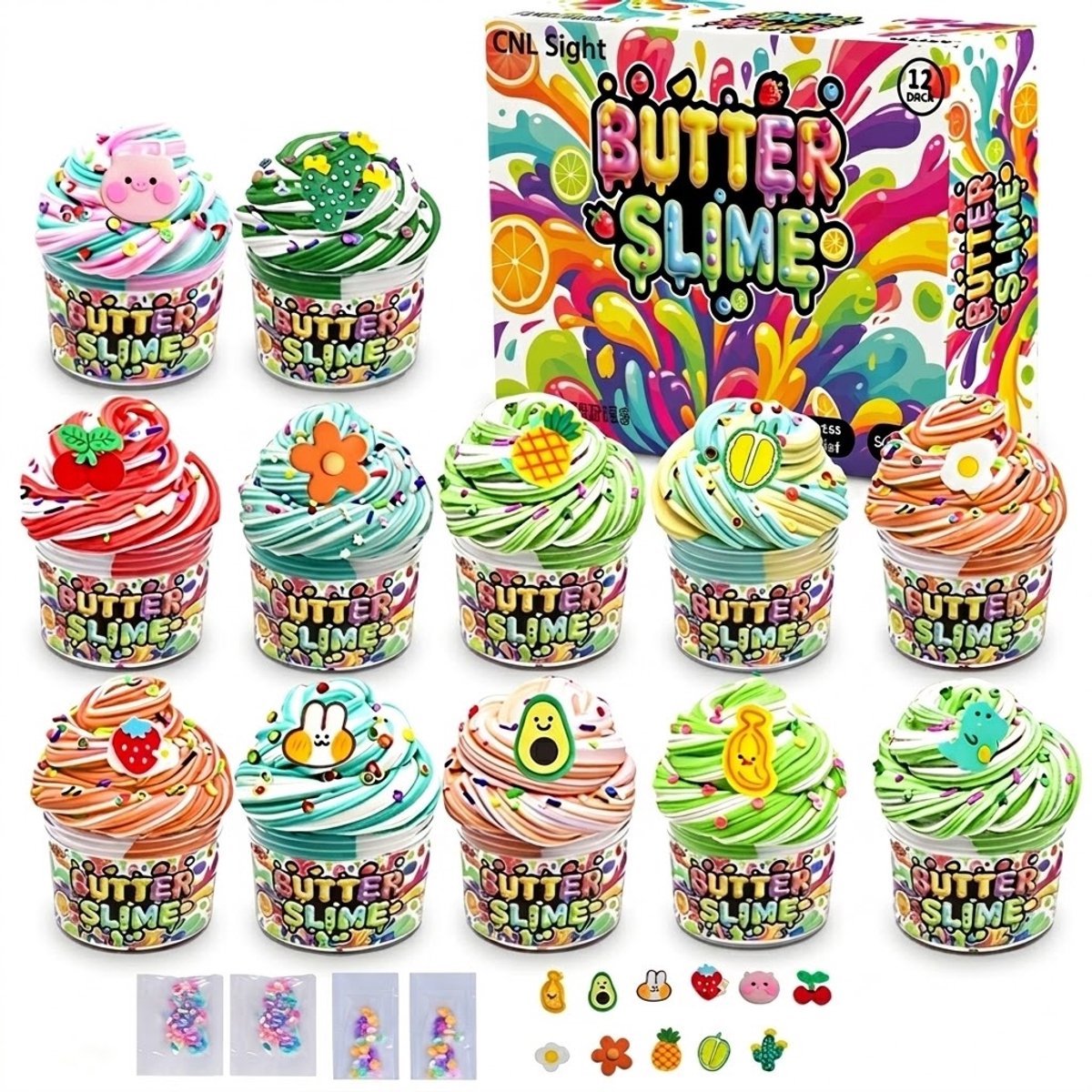 Slime Set Kinderen XL – 12x Butter Slime met Fruit Bedeltjes, Fluffy Slijm Speelgoed, DIY Slime Kit en Sensorisch Speelgoed vanaf 4 Jaar