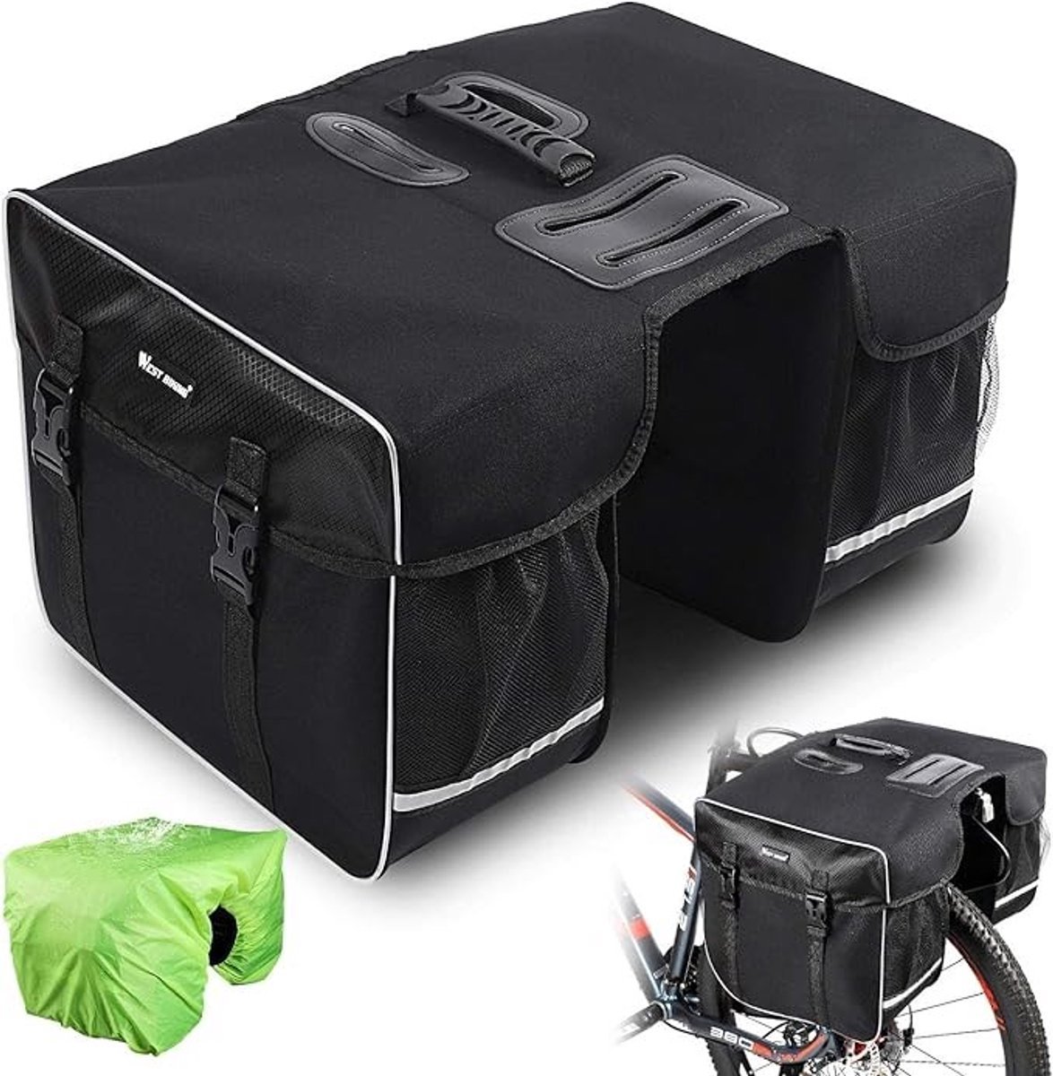Dubbele fietstas – 30 liter, waterdicht, met regenhoes en reflectie