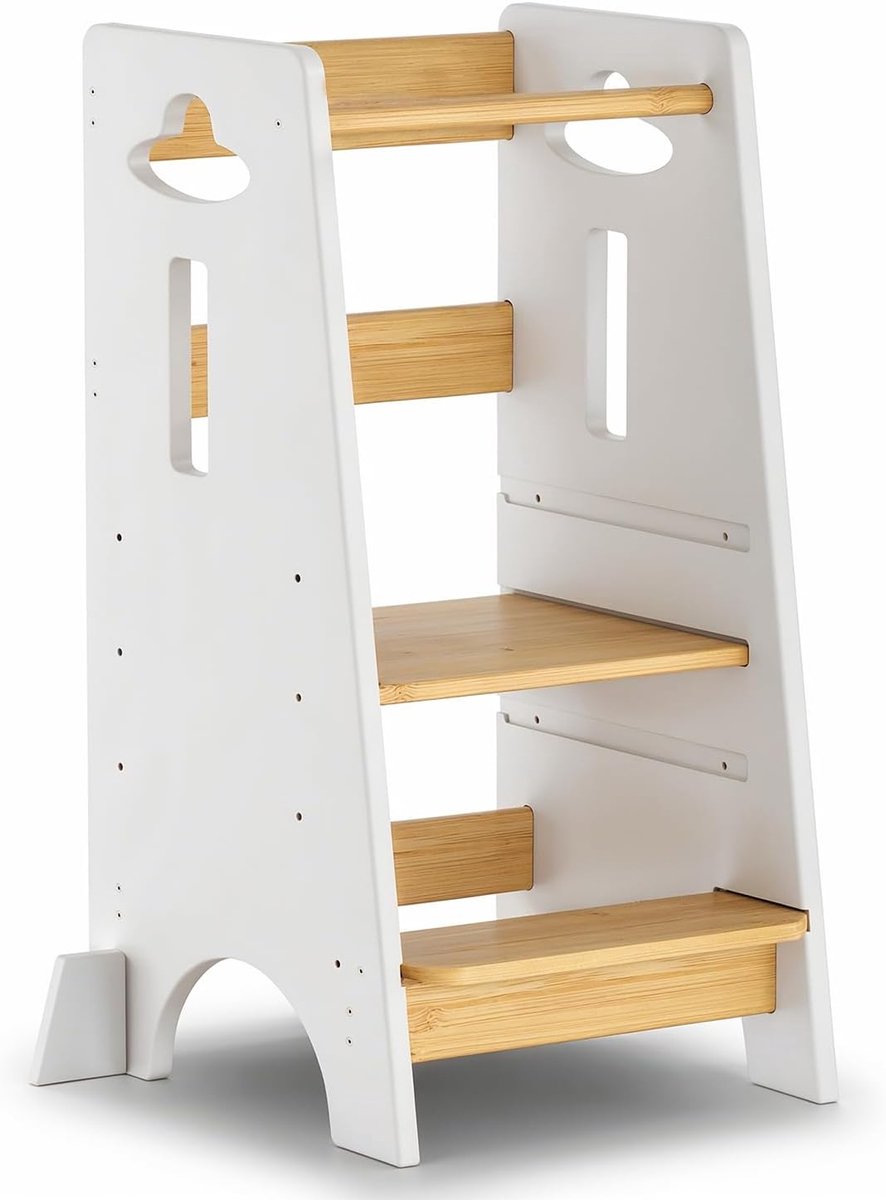 Leertoren voor kinderen - Houten keukentoren - Keukenparticipatie - 3 standen verstelbaar - 80 cm hoog - Wit naturel