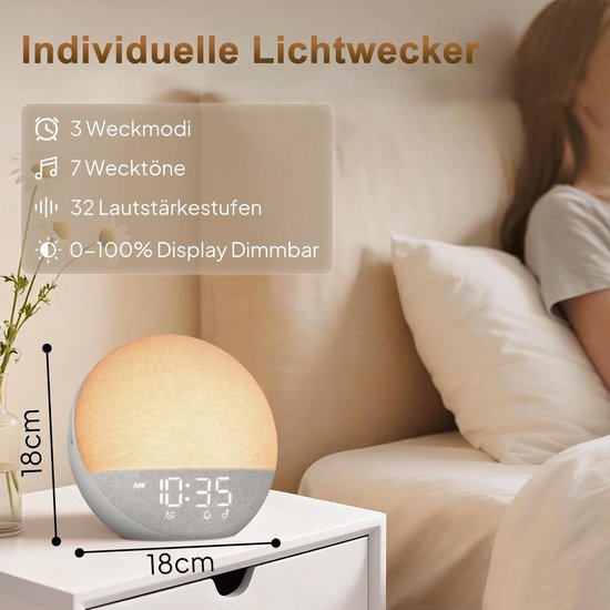 Wekker met Licht - Natuurlijk Wakker Worden - Rustig Ontwaken - Simuleert Zonsopgang - 18 x 18 cm - Wit — afbeelding 2